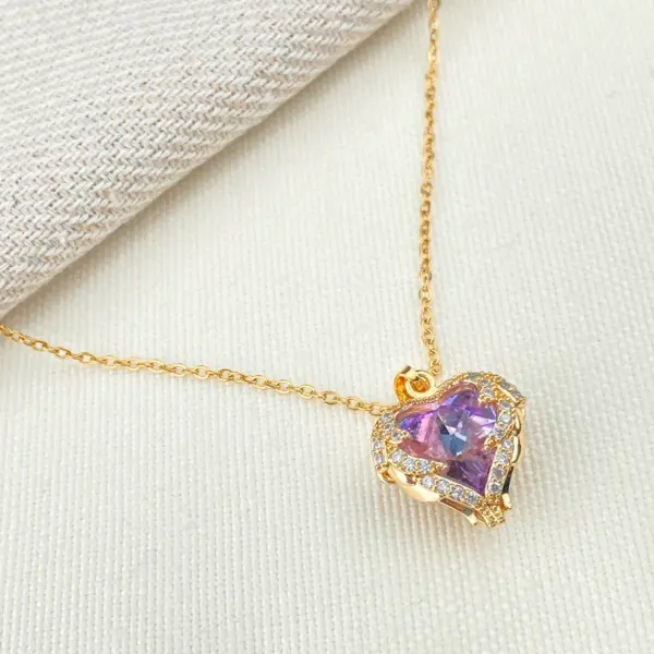 Stunning Purple Heart Necklace - Gold-Plated Elegance with Sparkling Crystals - Image 2