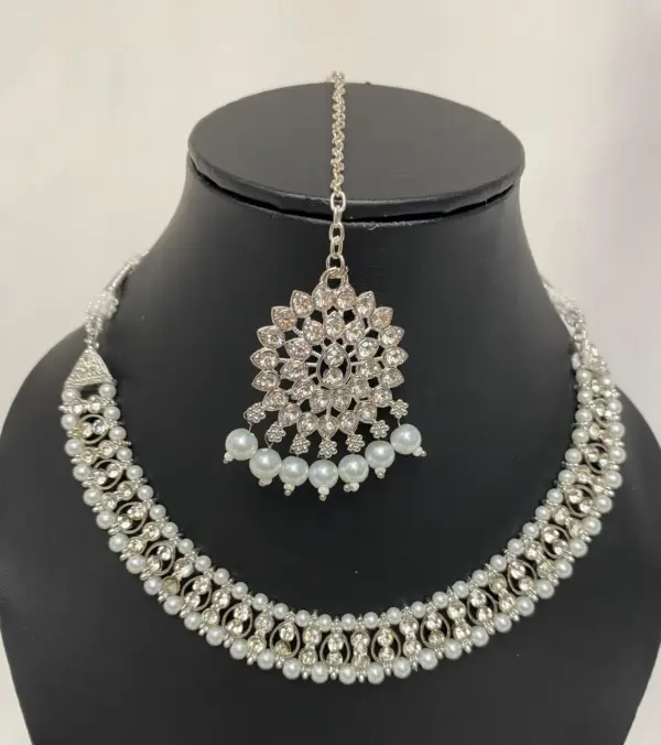 Asian Necklace set earrings tikka, Indian bridal SILVER colour with zhumki