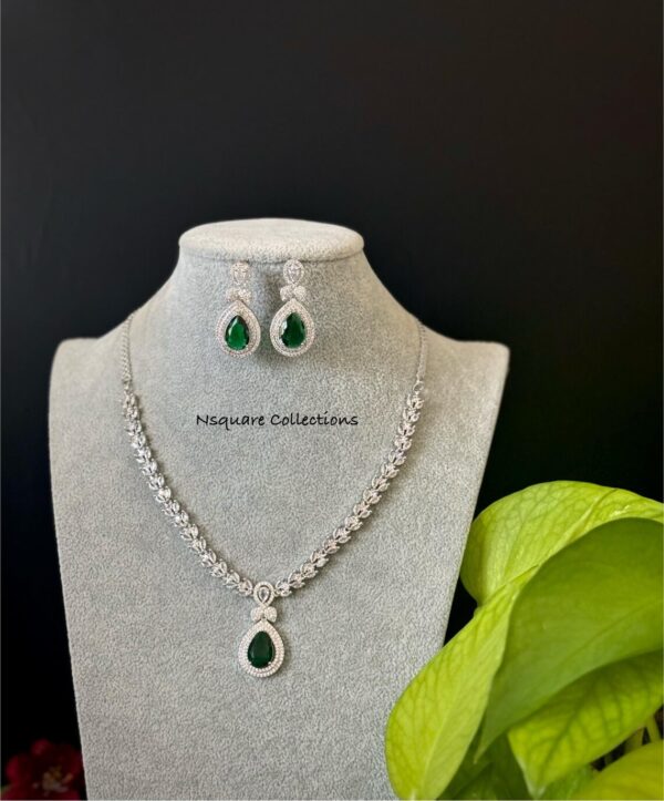 Silver Finished Emerald CZ necklace set / Indian Bridal Jewelry - Image 2