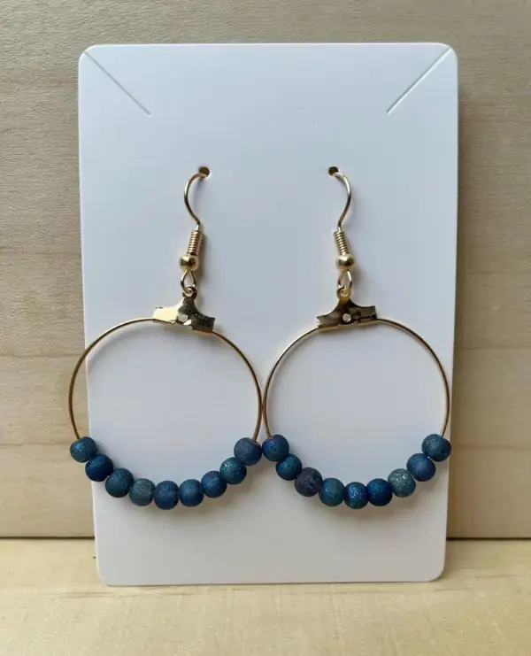 Round Gold Hoop Earrings with Twilight Blue Glitter Glass Beads / 30mm Hypoallergenic Nickel-Free Earrings / Blue Beaded Gold Hoop Earring - Image 2