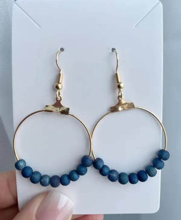 Round Gold Hoop Earrings with Twilight Blue Glitter Glass Beads / 30mm Hypoallergenic Nickel-Free Earrings / Blue Beaded Gold Hoop Earring